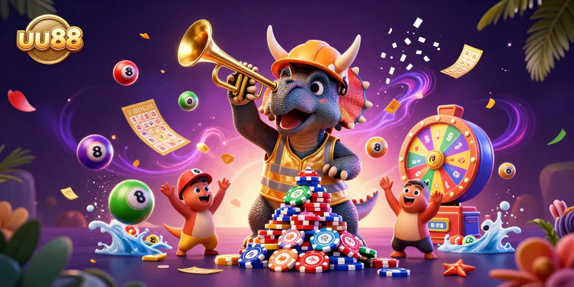 Engage in exciting games at uu88 while a triceratops builds poker chip pyramids and confetti rains down.