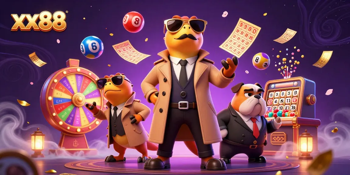 Experience the excitement of xx88 as raptors in a trench coat attempt to enter a VIP casino, surrounded by colorful lottery balls and dazzling prizes.
