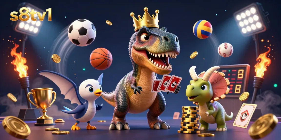 S8tv1 showcases a friendly T-Rex shuffling cards while betting on dynamic sports elements.