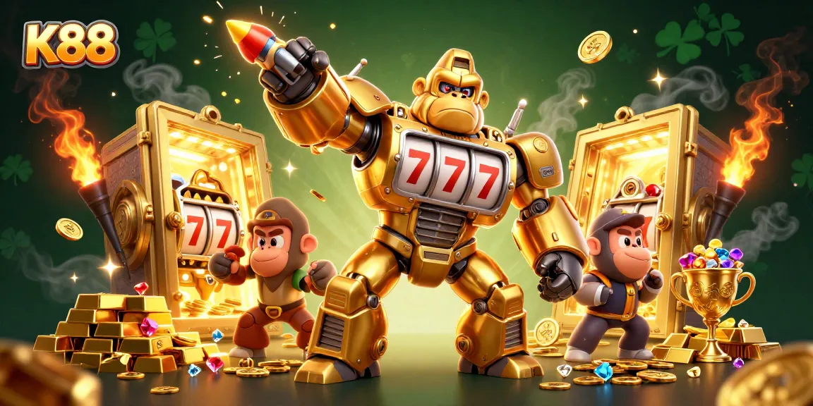 K88 offers an exciting casino atmosphere featuring a golden gorilla mech and slot machine elements.