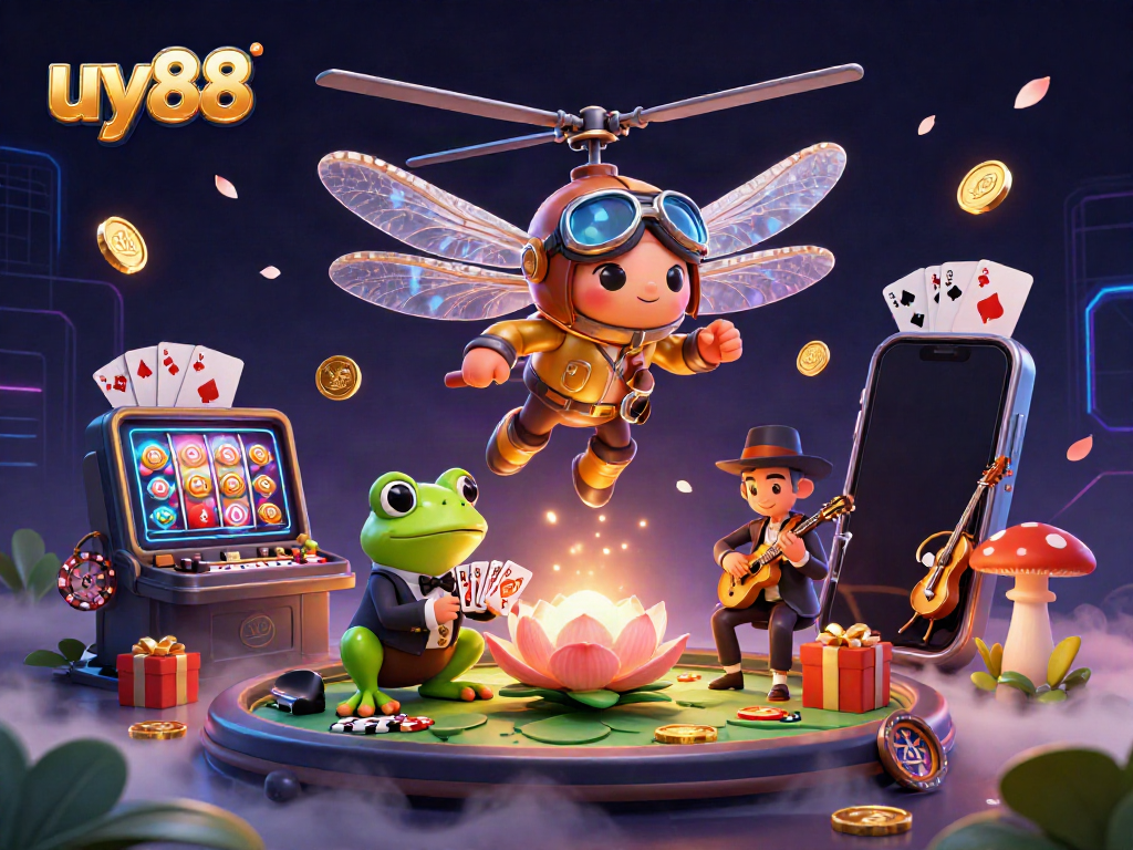 Join the fun at uy88 casino with a vibrant scene of a dragonfly pilot and frog croupier amidst exciting gameplay.