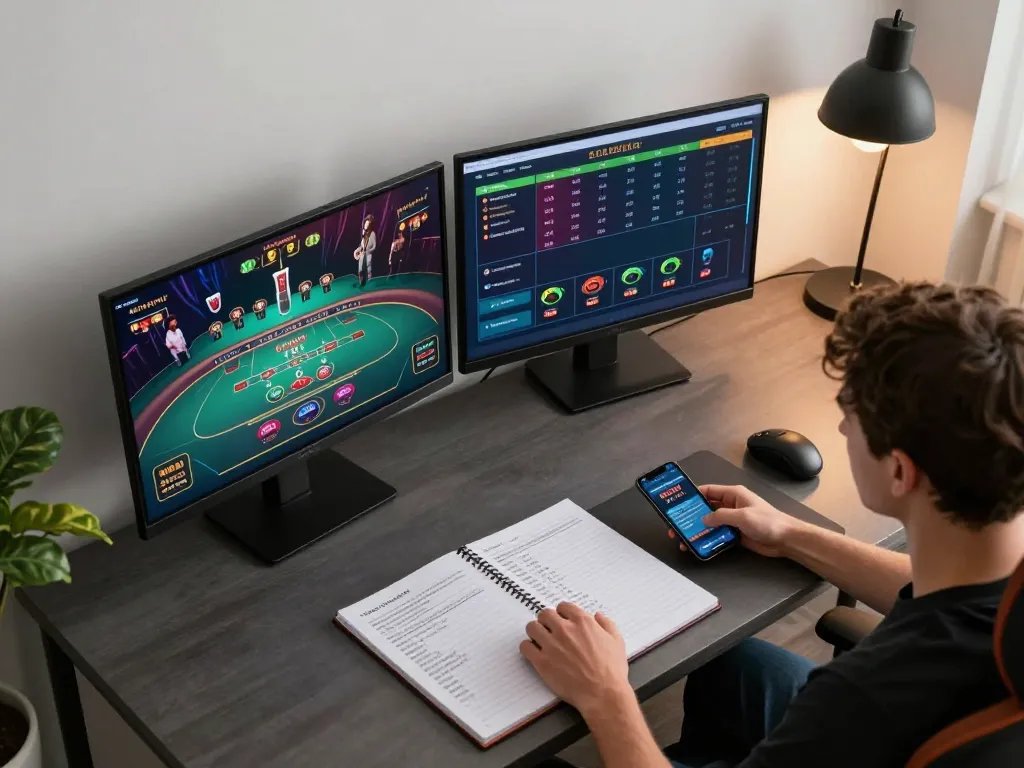 Engaging in online gambling with a professional setup, tải dh88 app displayed on smartphone alongside dual screens showcasing casino live action.