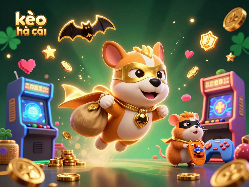 Experience kèo nhà cái with a dynamic superhero dog and hamster amidst casino elements.