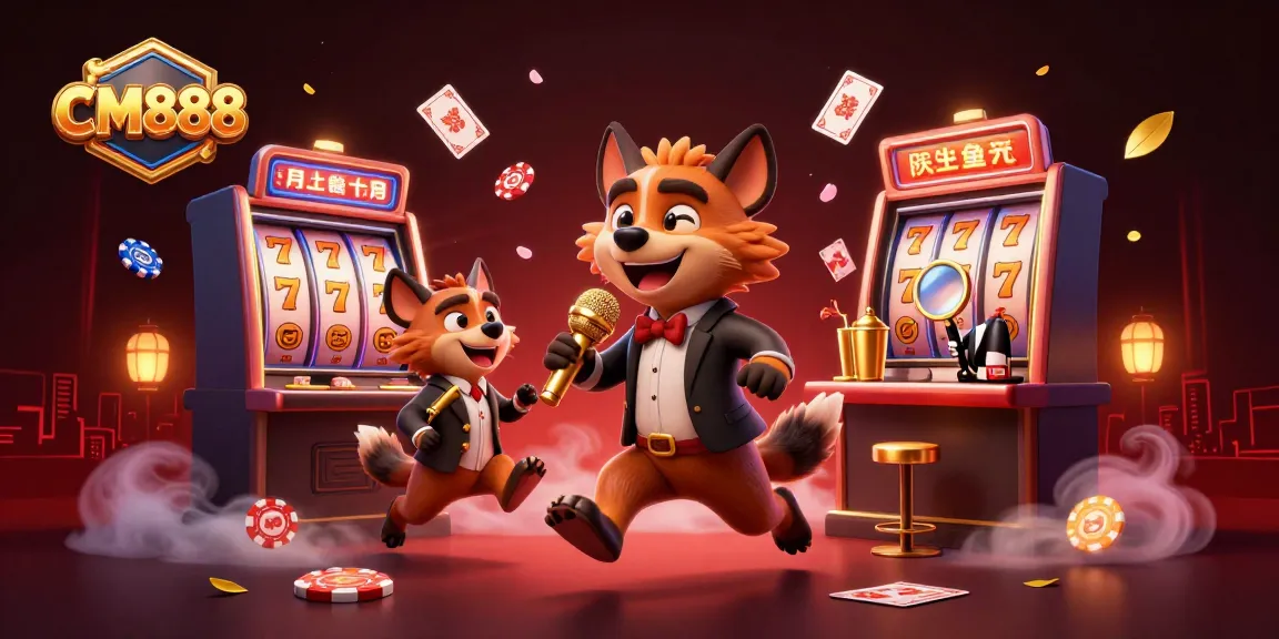 Experience the excitement of CM888 with captivating slot machines and animated hyenas in a joyful casino atmosphere.