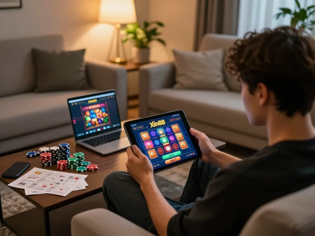Experience the excitement of Xin88 online gambling, engaging with vibrant games on a tablet in a cozy home setting.