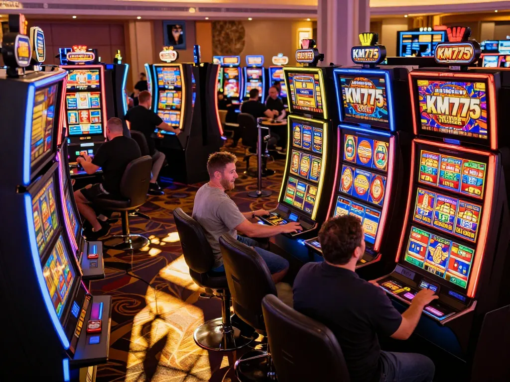 Players enjoying exciting slot games at the vibrant KM777 casino, capturing the thrill of gaming.