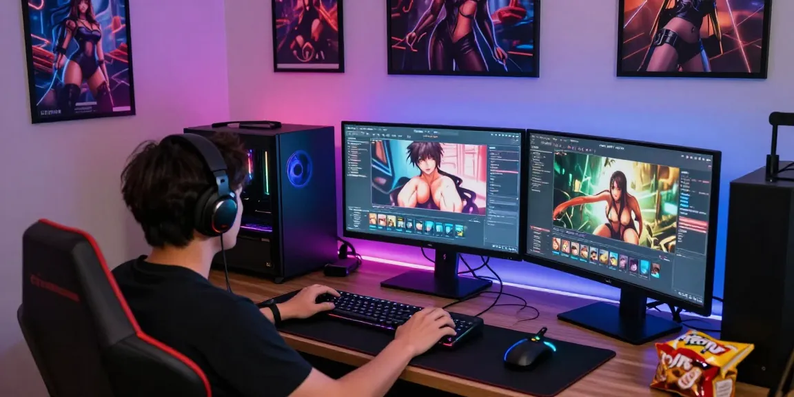 Engaged gamer playing degrees of lewdity with immersive visuals in modern gaming setup.