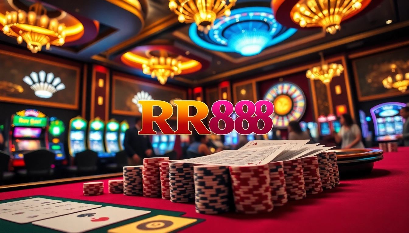 Engaging casino atmosphere featuring RR88 logo, poker table, and slot machines.