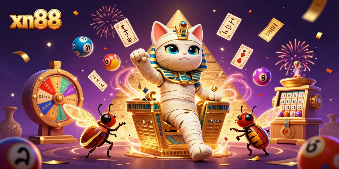 Xn88 offers an exciting casino experience with a 3D Egyptian mummy cat and vibrant lottery elements.