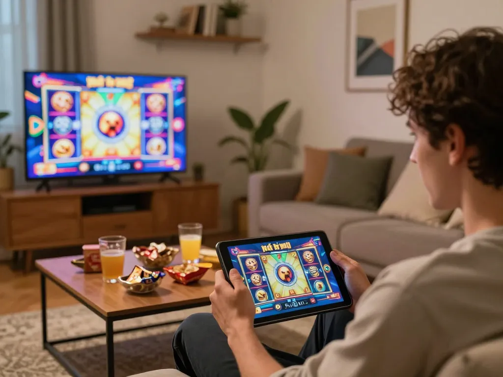 A player enjoying nổ hũ gaming on a tablet in a cozy home setting with lively decor.