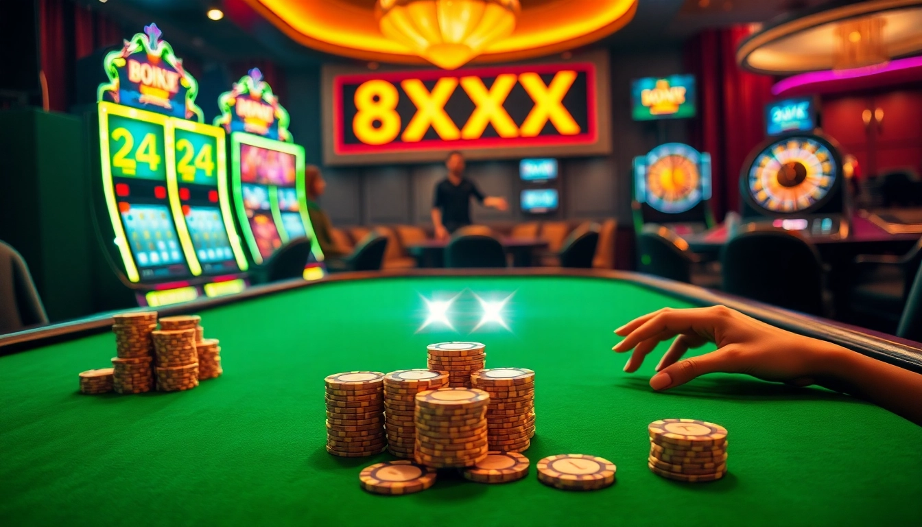 Experience the thrill at casino tables featuring 8XX betting options and vibrant chips.