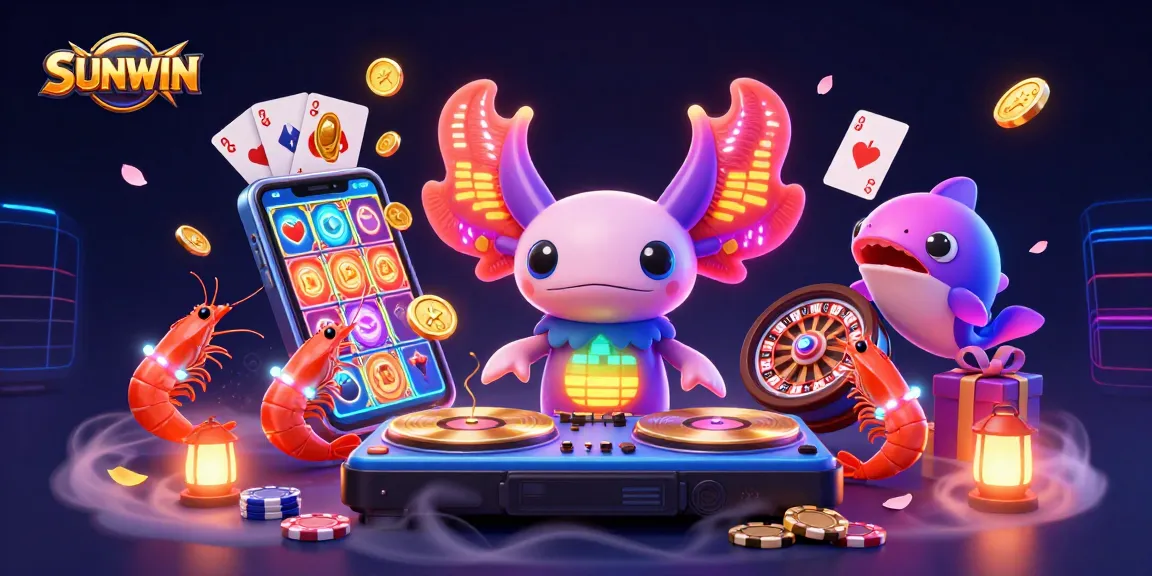 SUNWIN engages players with a vibrant casino scene featuring a DJ axolotl and animated shrimp.