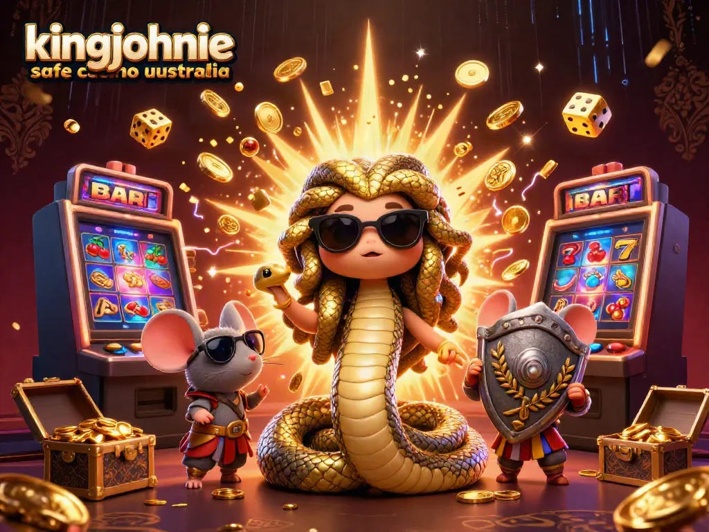 Experience kingjohnnie safe casino australia with dynamic 3D casino scene featuring Medusa and a warrior mouse.