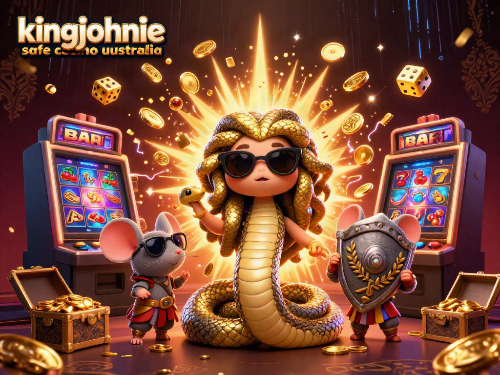 Experience kingjohnnie safe casino australia with dynamic 3D casino scene featuring Medusa and a warrior mouse.