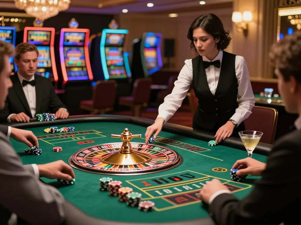 Players at MM88 enjoy a thrilling roulette table experience surrounded by vibrant colors and luxury decor.