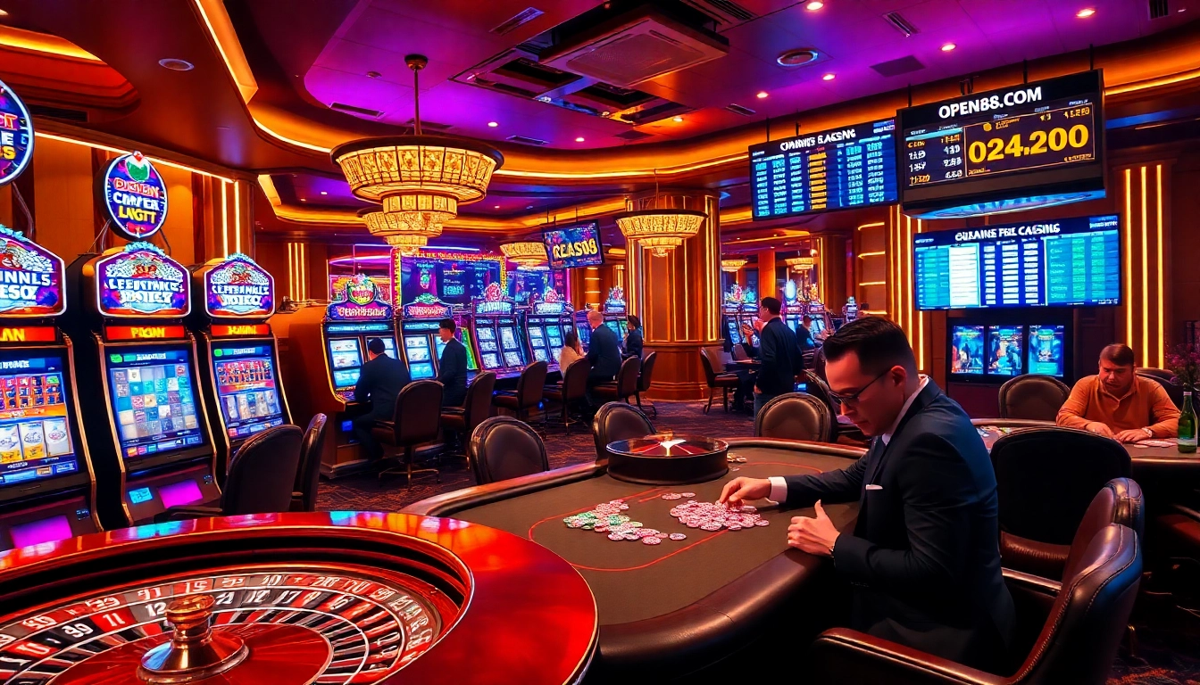 Exciting gaming at open88 com with vibrant slot machines and poker tables.