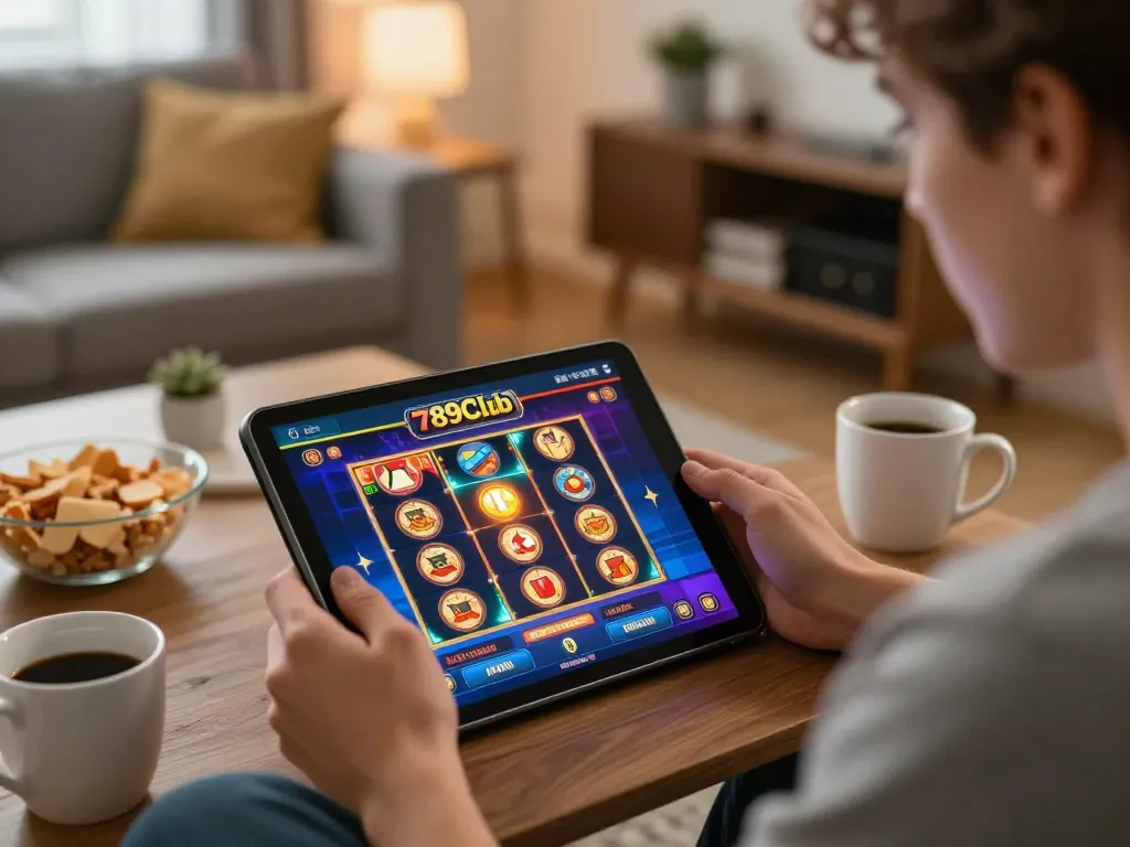 Engaging gameplay at 789Club on a tablet in a cozy home setting, highlighting strategic online gaming.