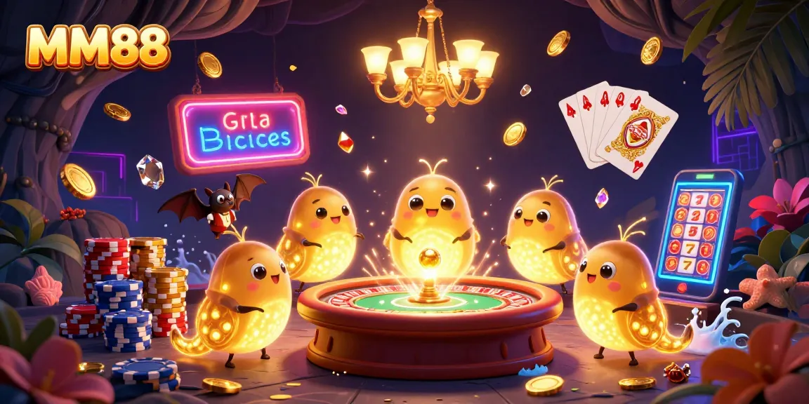 Experience the excitement of MM88 with vibrant casino elements, glowing characters, and dynamic games.