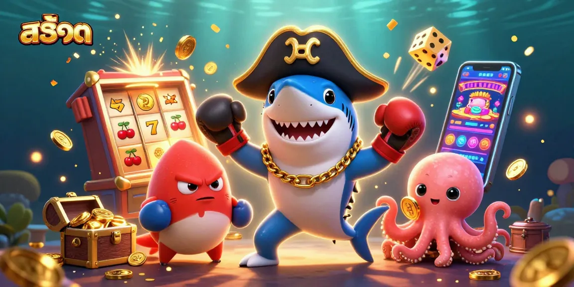 Spin สล็อต reels with a playful shark, pufferfish, and octopus bursting with coins and jackpots.