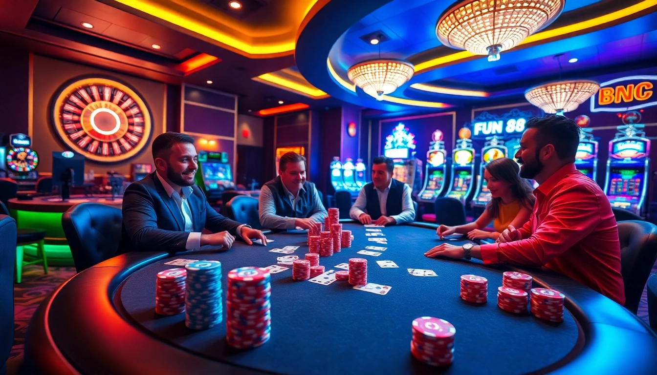 Players winning at a luxurious Fun 88 casino table, surrounded by poker chips and gaming excitement.
