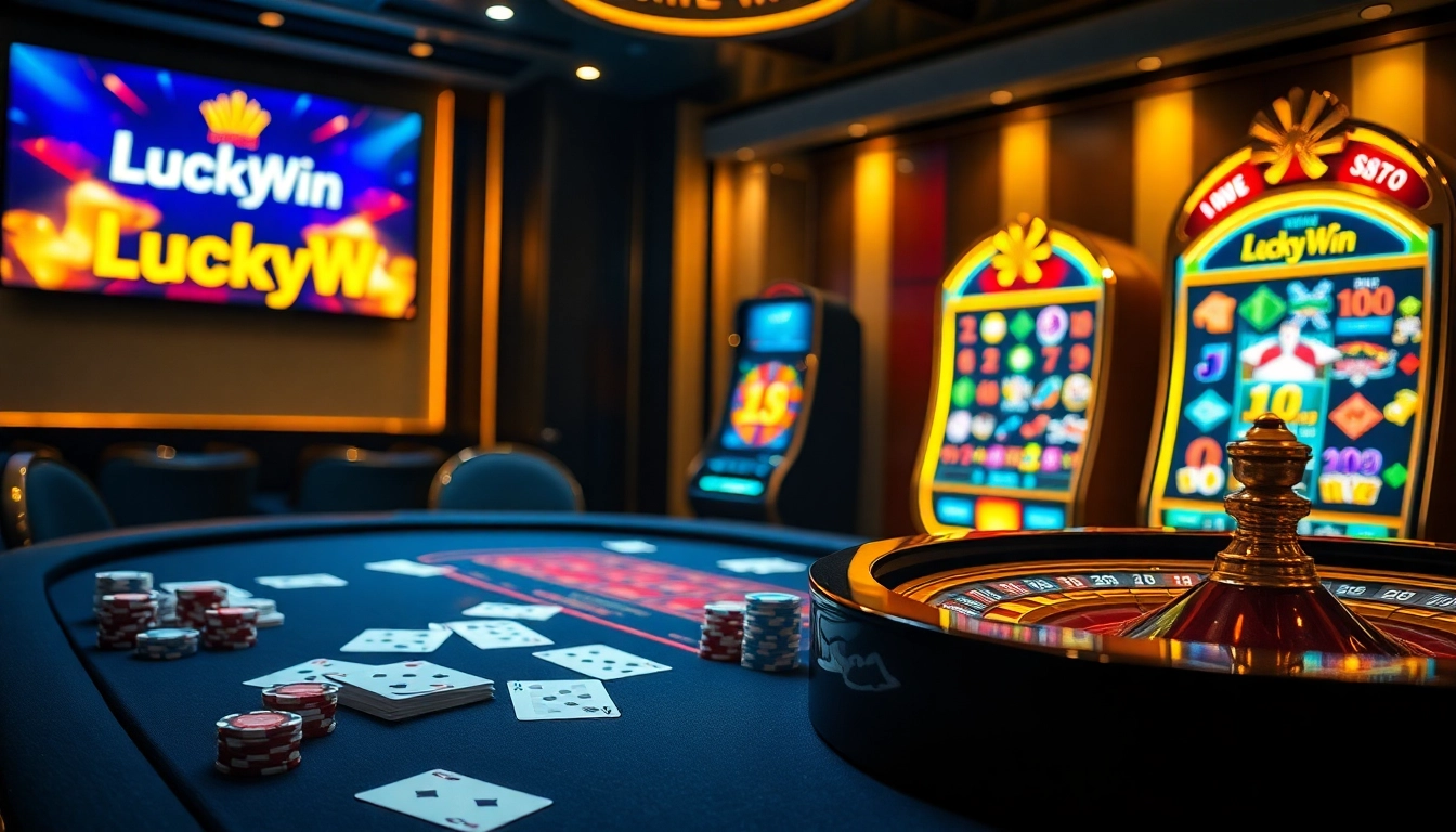 LuckyWin casino scene featuring an elegant table, poker chips, and a vibrant slot machine.