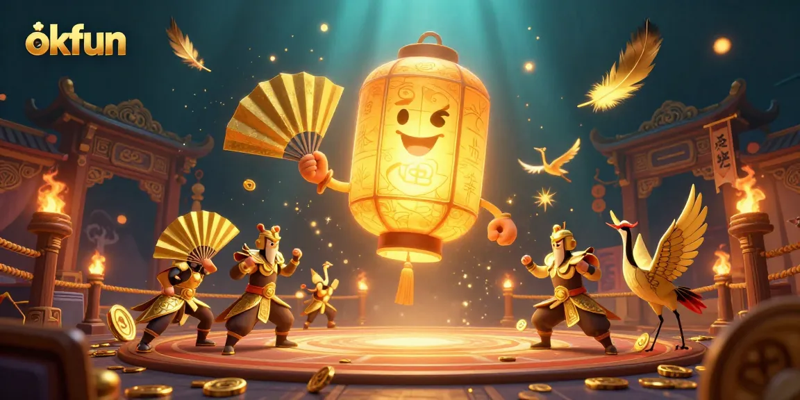 Experience vibrant gameplay at okfun with a glowing lantern spirit above a casino, enhancing winning opportunities.