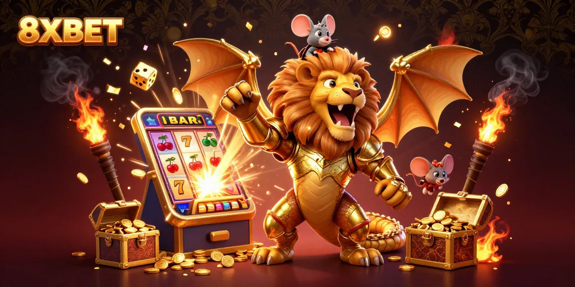 Experience the thrilling excitement of 8XBET with a dynamic 3D casino scene filled with gold and jackpots.