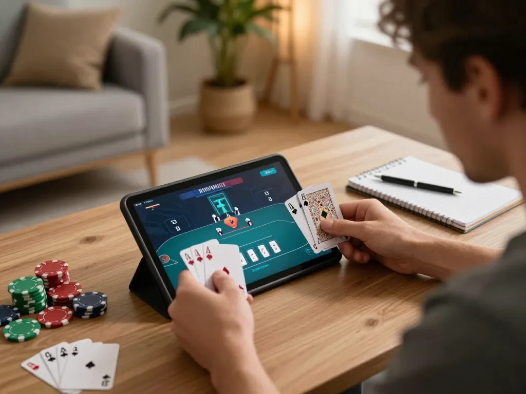 Engaging online poker gameplay on a tablet showcasing TX88 strategies in a cozy atmosphere.