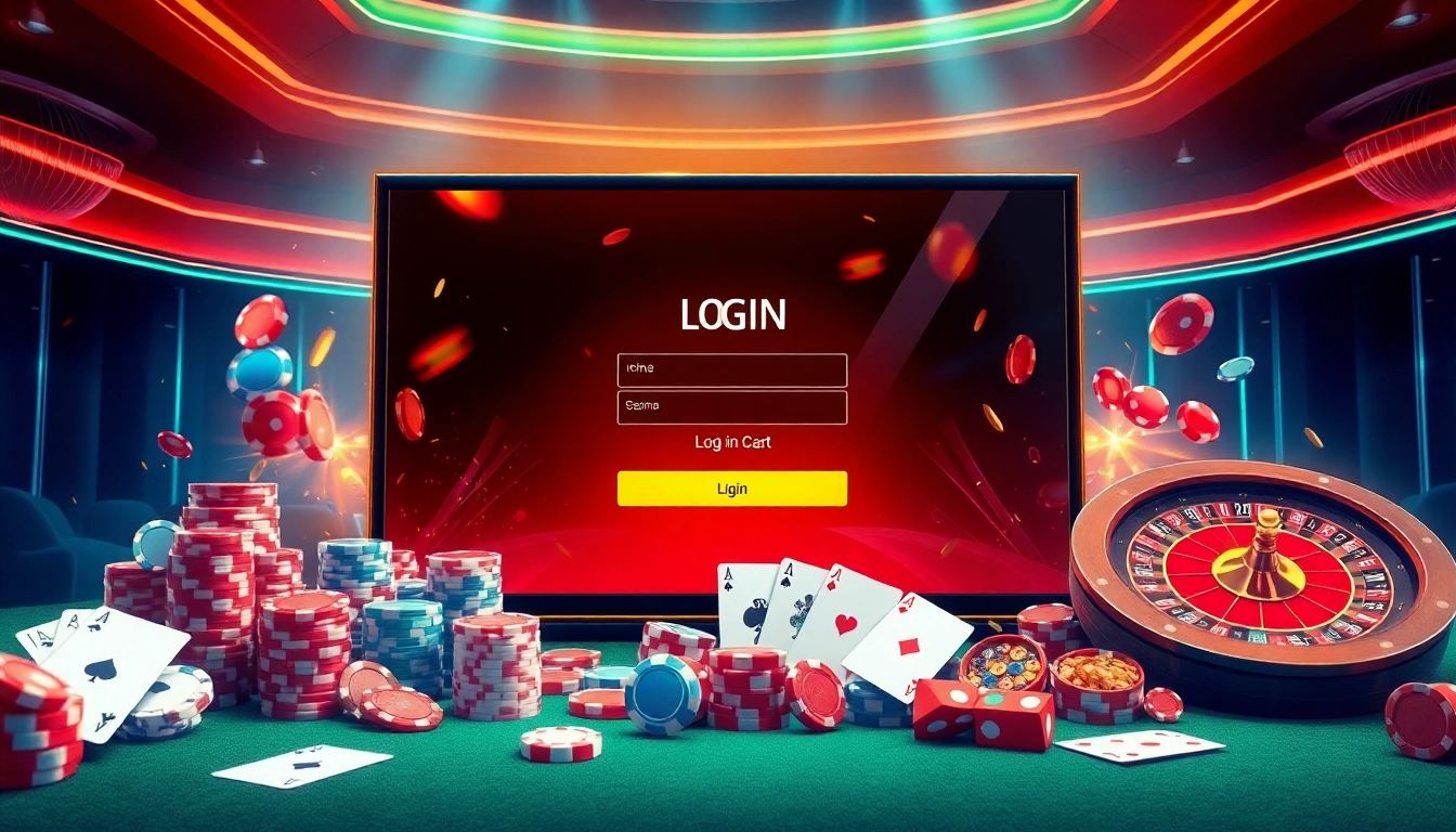 Login to an online casino with poker chips and games in a luxurious setting.