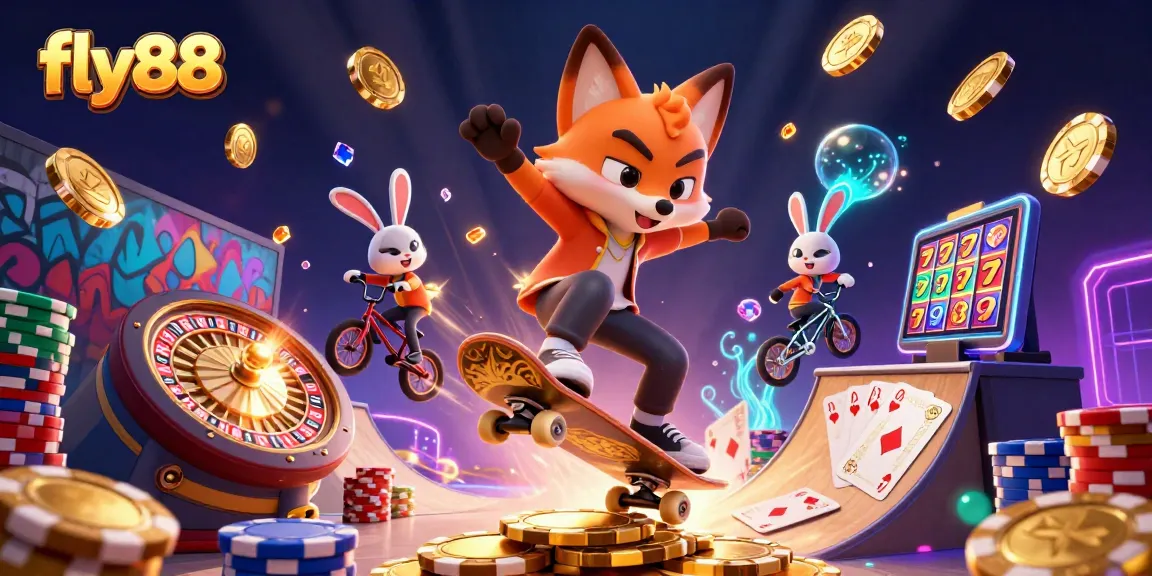 Experience excitement with fly88 as a fox does tricks over poker chips in vibrant casino scene.