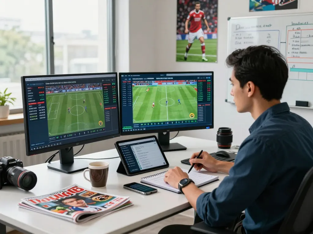 A detailed analysis of tỷ lệ kèo bóng đá with a sports analyst reviewing live betting odds and match statistics in a modern office.