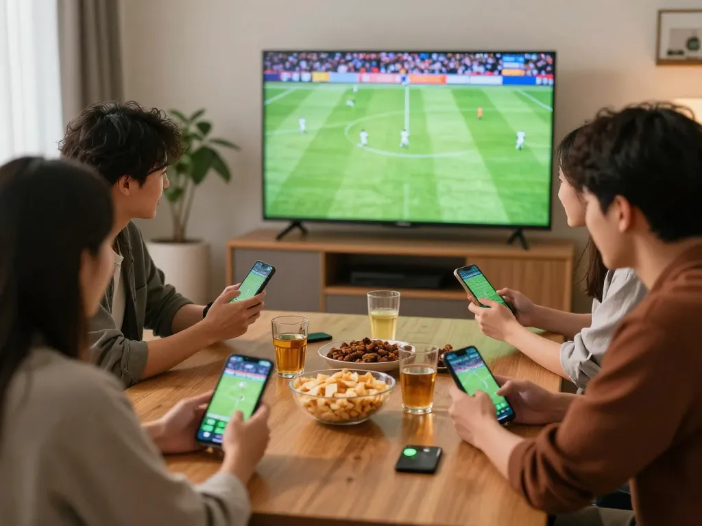 Cá Độ Bóng Đá Online excitement during a home sports betting session with friends enjoying the game.