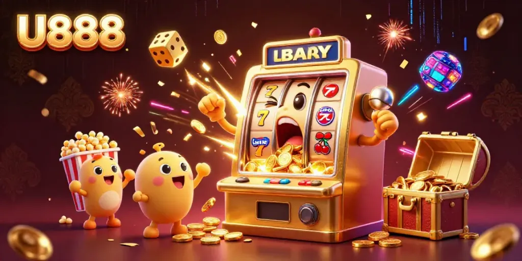 Experience the U888 jackpot excitement with vibrant cartoon slot machines, golden coins, and lively casino elements.