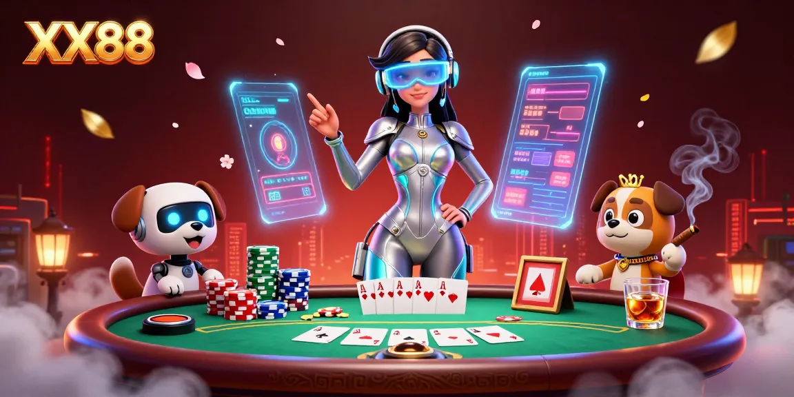 Engage in thrilling online gaming at XX88 with a futuristic casino scene featuring poker elements and vibrant characters.