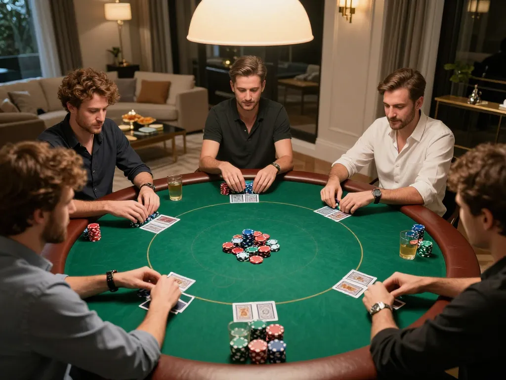 Players enjoy a high-stakes poker night at home, celebrating wins while using new pk luck strategies