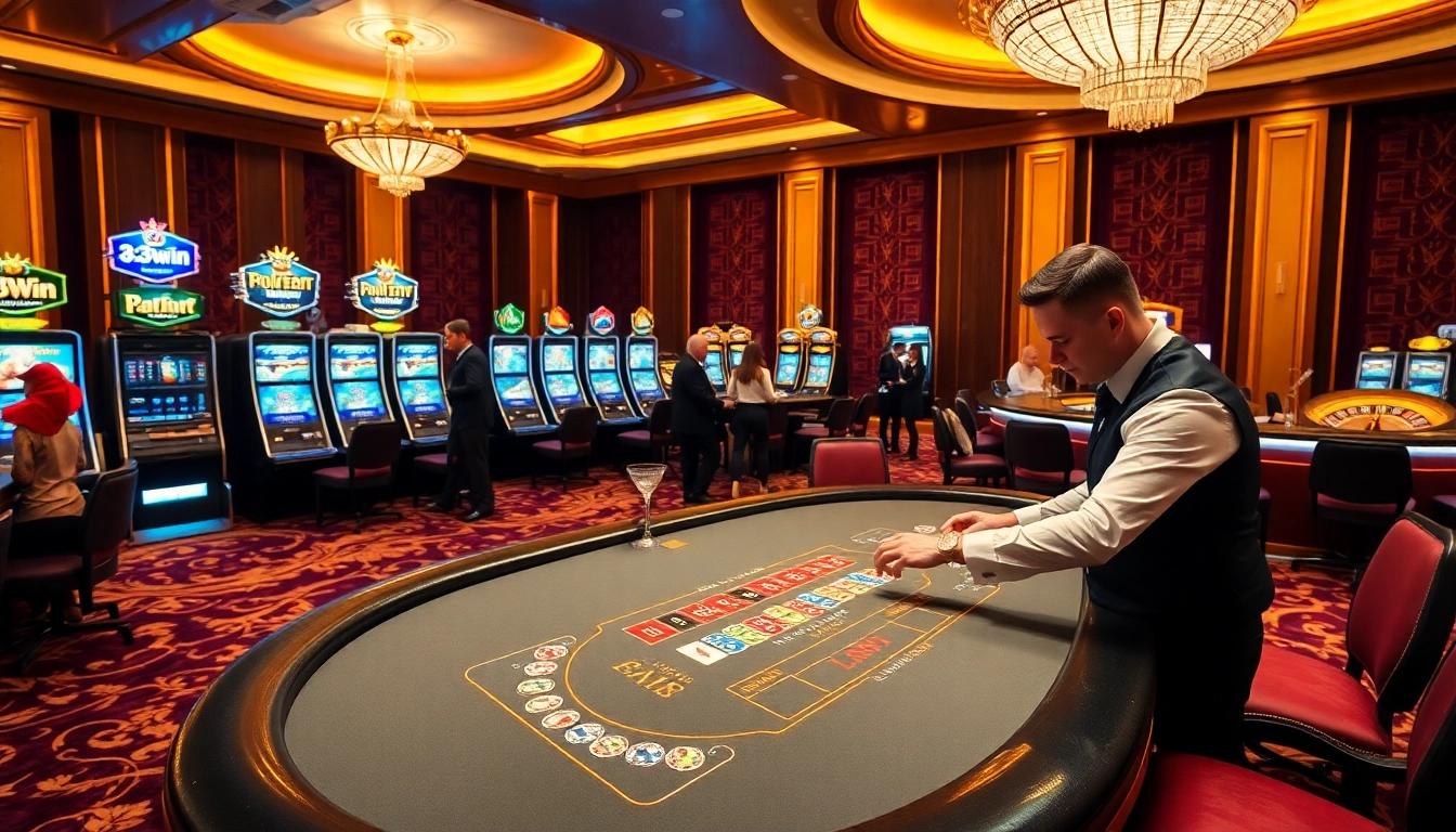 A luxury gaming scene at 33win with players engaged at blackjack tables and vibrant slot machines.