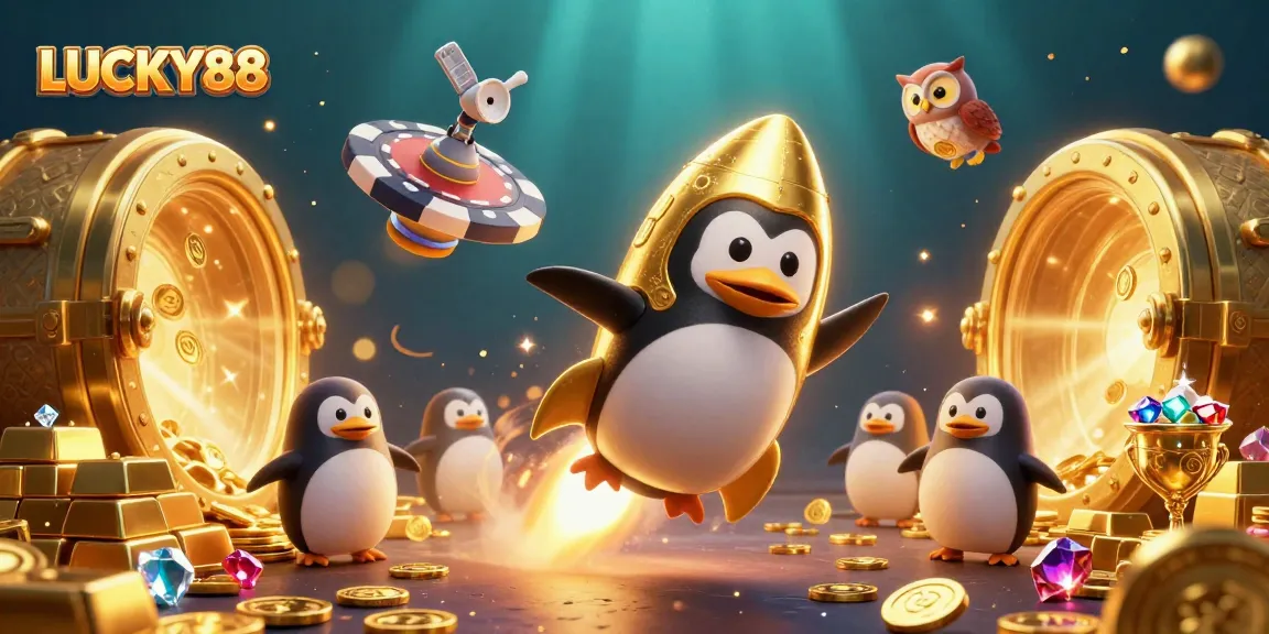 LUCKY88 captures thrilling casino adventures with a golden penguin and vibrant gems.