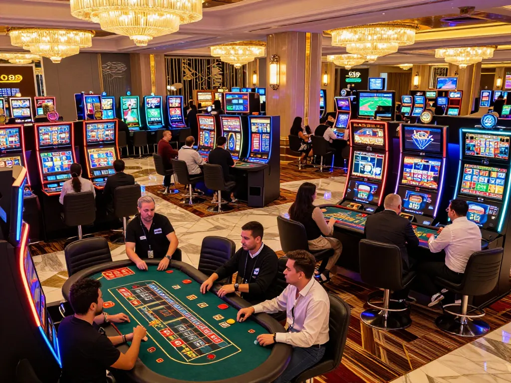 Patrons enjoying thrilling gameplay at CO88 Dubai's luxury casino with vibrant slot machines and table games