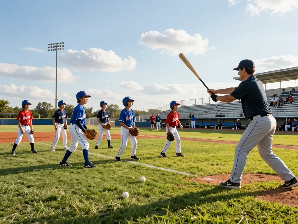 Youth baseball practice at Hitclub training facility, coach demonstrating techniques with athletes in vibrant uniforms.