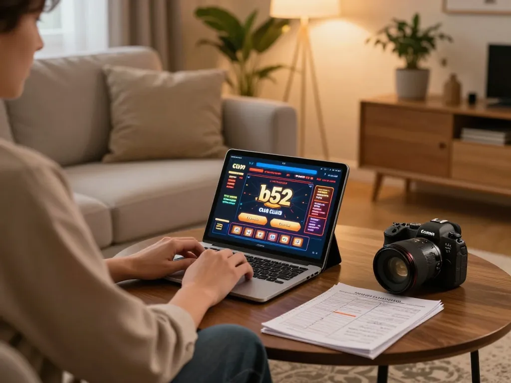 Engaging in b52 club online casino games with tablet in stylish home setting.