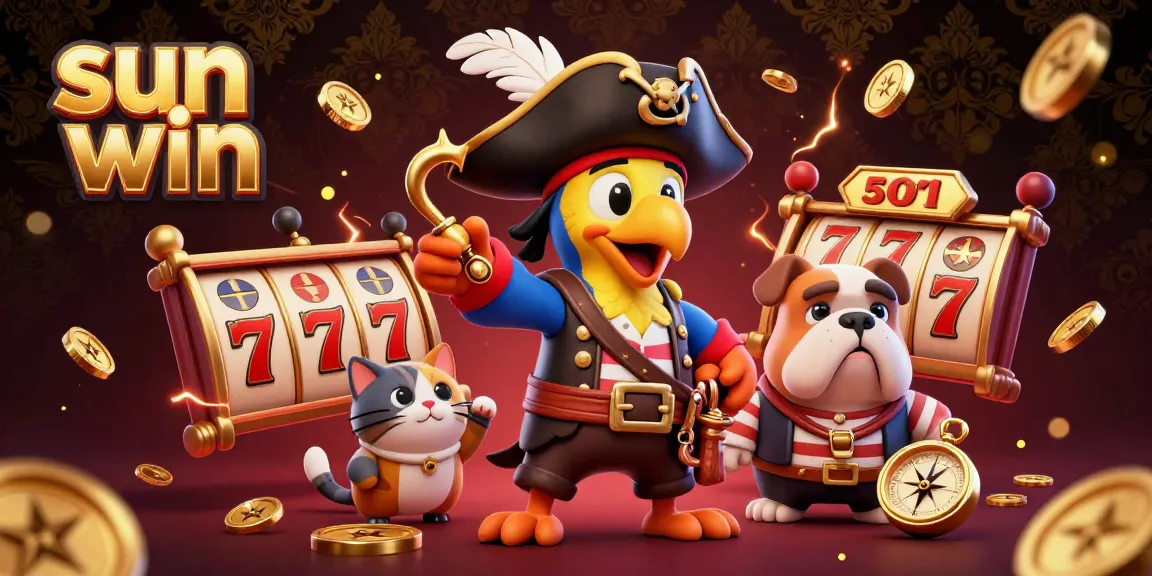 Win big with sun win as a lively pirate crew spins the slots in a vibrant casino scene.