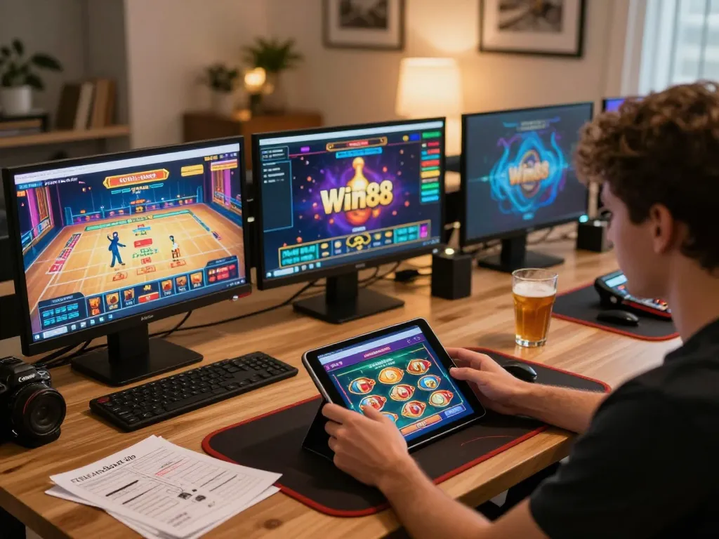 Engaging with the Win88 online casino platform on a tablet, showcasing a vibrant home gaming setup.