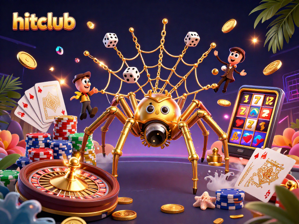 Hitclub's exciting 3D casino illustration captures golden spiders weaving luck in a lavish gaming scene.