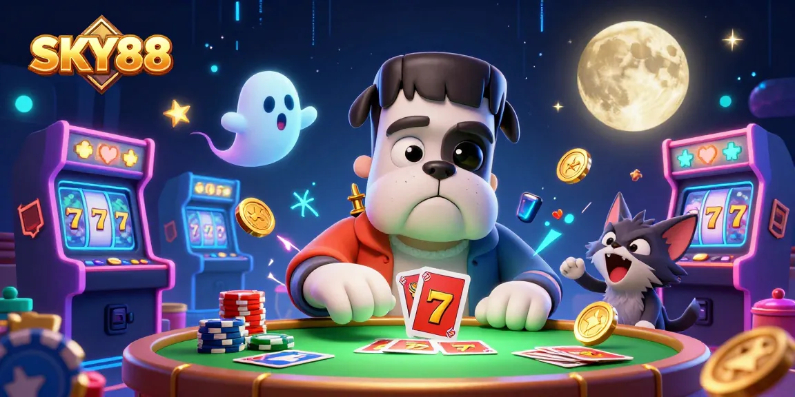 SKY88 features a 3D cartoon Frankenstein bulldog dealing cards amidst an exciting casino setting.