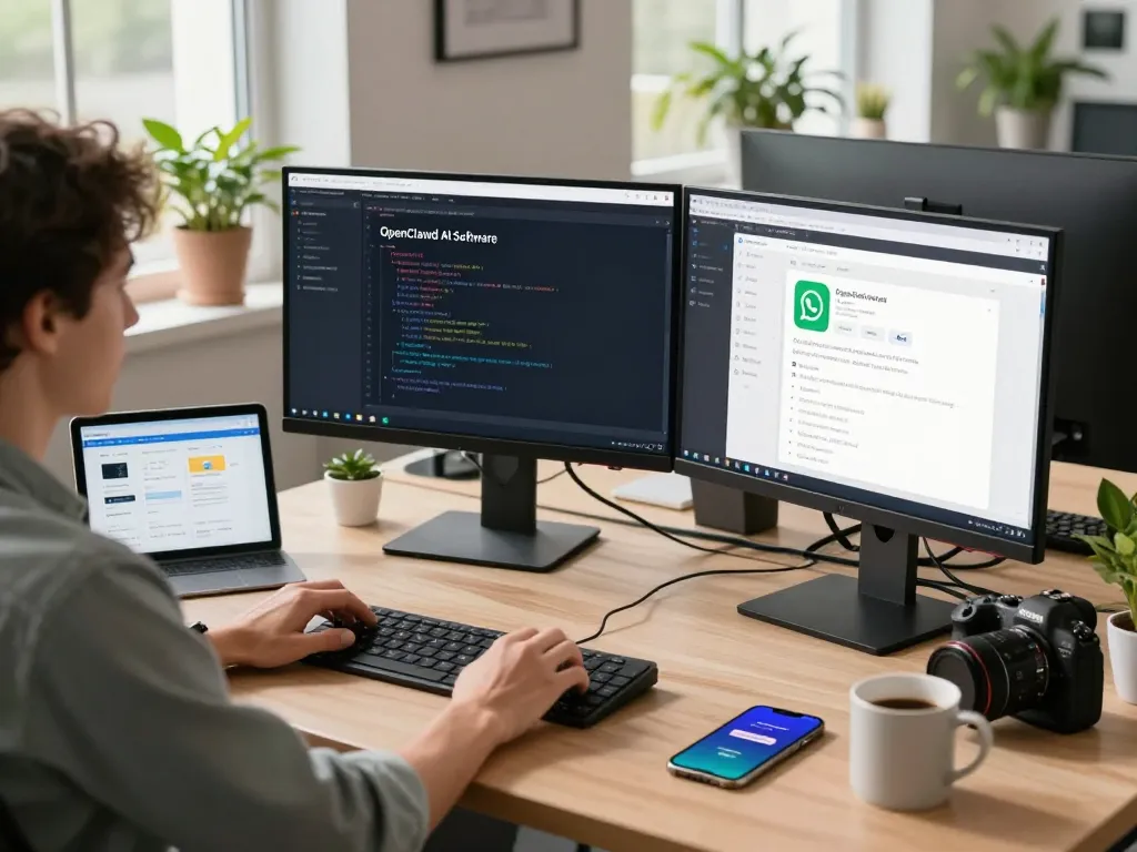 OpenClawd AI personal assistant setup in a modern workspace with dual monitors and tech gadgets.