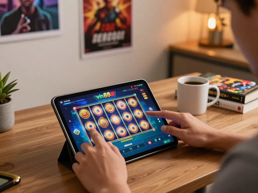 Engaged player enjoying vin88 slots on a tablet in a stylish home office setting