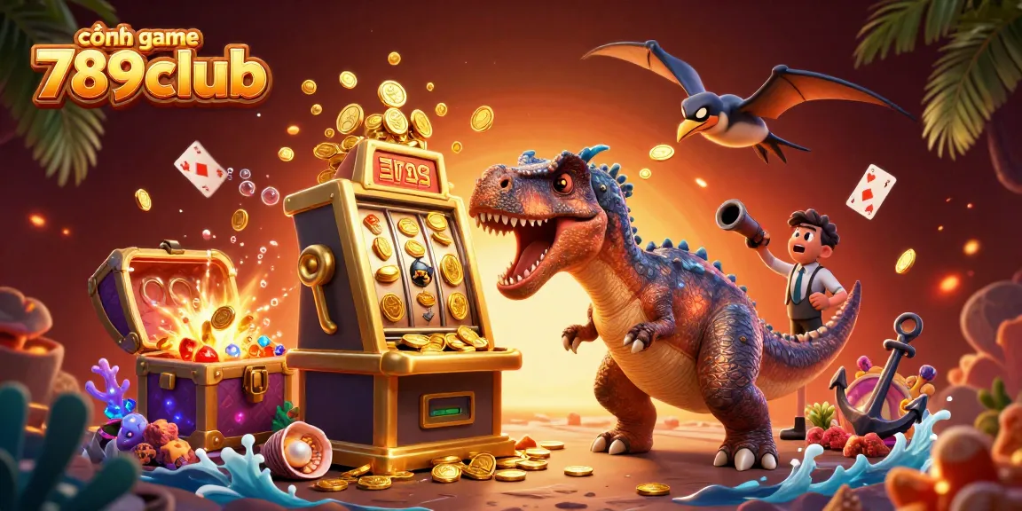 Engage with the cổng game 789club as playful dinosaurs celebrate jackpots in this colorful casino illustration.
