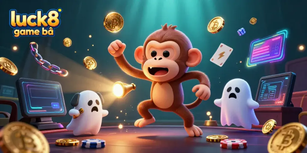 Experience thrilling luck8 game bài action with a playful poltergeist monkey and ghost-hunter puppy.