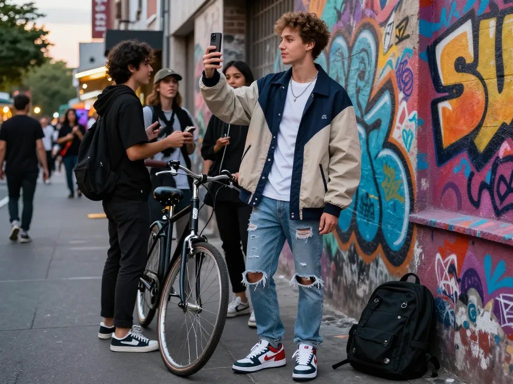 Stylish young man in Sunwin apparel enjoying urban life with friends.