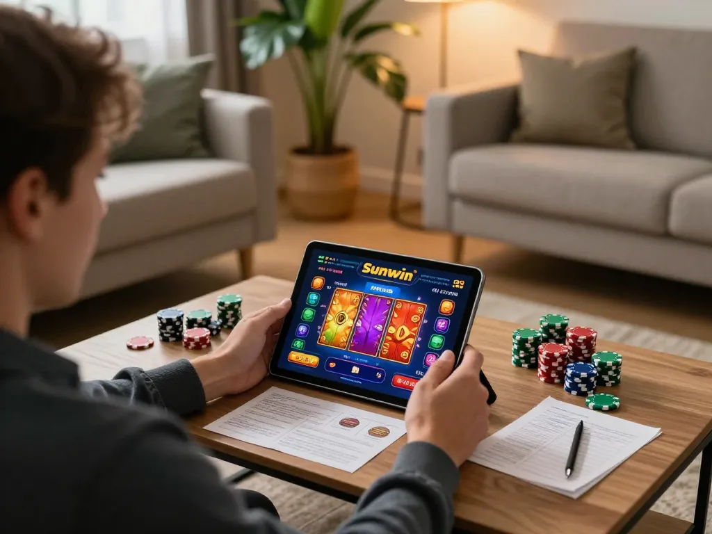 Person engaging with Sunwin app during online gaming session at home, with chips and strategy notes visible.